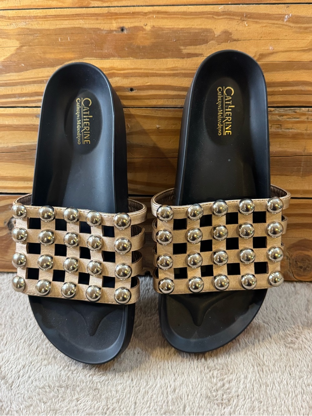 Catherine Malandrino Gold Studded Woven Slide Sandals - Gold/Black
